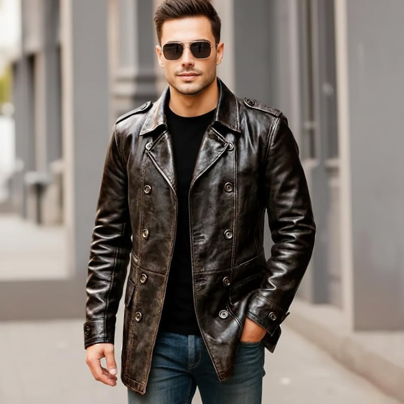 K&ouml;nnte beinhalten: Braune Lederjacke mit doppelreihigem Design. Die Jacke hat ein Used-Finish, einen Reverskragen und mehrere Kn&ouml;pfe. Das Model tr&auml;gt eine Sonnenbrille und blaue Jeans. Die Jacke scheint mittellang zu sein.