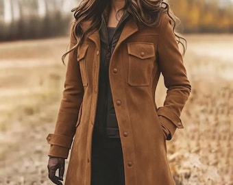 Casaco feminino artesanal em camurça marrom, estilo vintage de inverno.