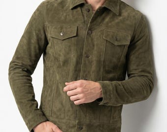 Kurtka męska zamszowa w kolorze oliwkowym, kurtka typu trucker w stylu wojskowym, skórzany płaszcz vintage.