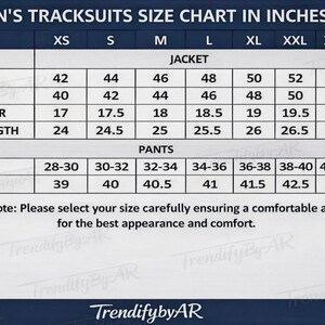 May include: A size chart for men's tracksuits, displaying jacket and pants measurements in inches. Includes chest, waist, shoulder, and sleeve length for jackets, and waist and length for pants. The chart ranges from XS to XXXL sizes. The text at the bottom says: Please select your size carefully ensuring a comfortable and slim fit for the best appearance and comfort.