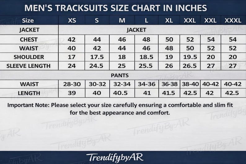 May include: A size chart for men's tracksuits, displaying jacket and pants measurements in inches. Includes chest, waist, shoulder, and sleeve length for jackets, and waist and length for pants. The chart ranges from XS to XXXL sizes. The text at the bottom says: Please select your size carefully ensuring a comfortable and slim fit for the best appearance and comfort.
