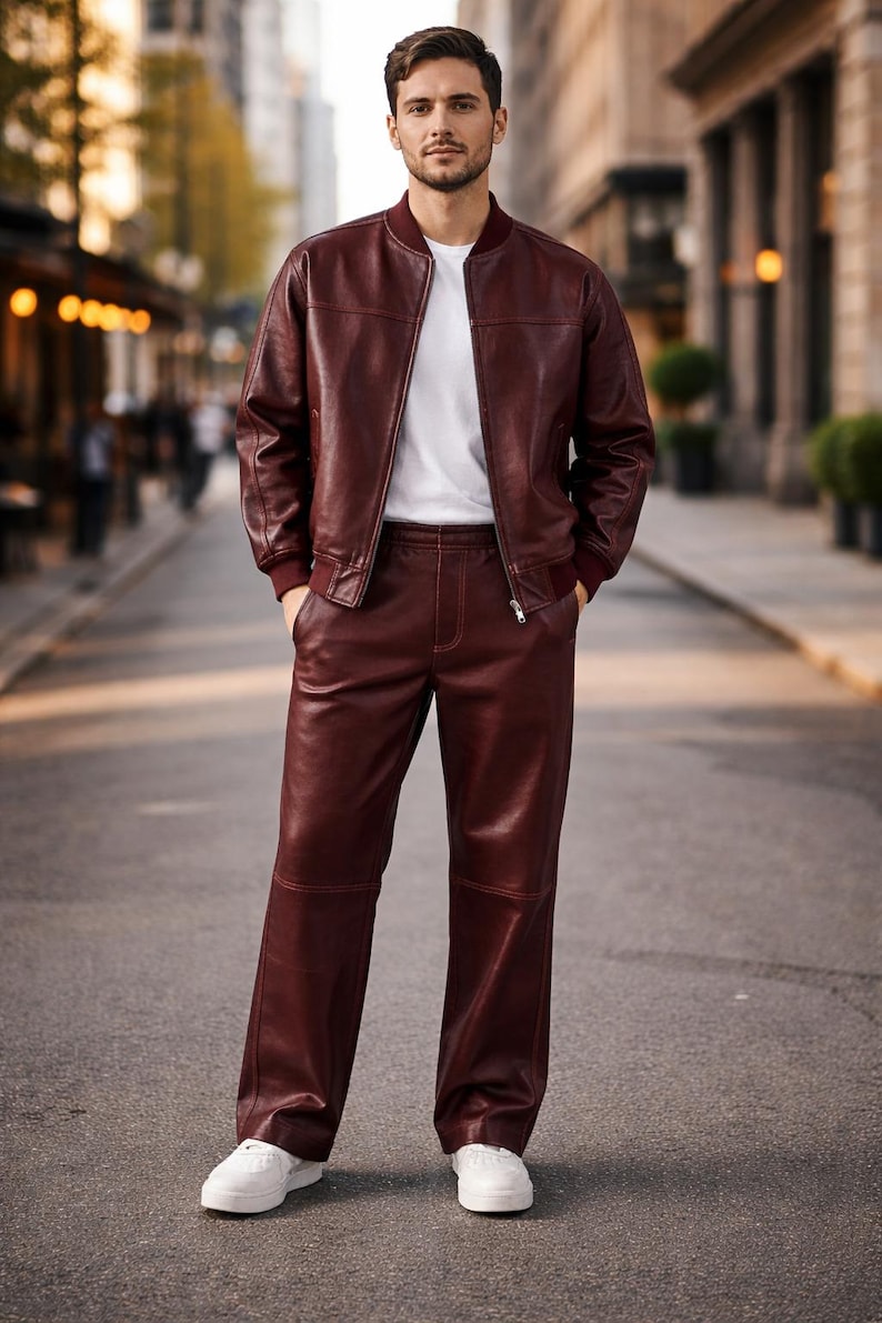 May include: A burgundy leather bomber jacket with matching pants and a white t-shirt. The jacket has a zip closure and ribbed cuffs. The pants are straight-legged. The outfit is paired with white sneakers. The model is standing on a city street.