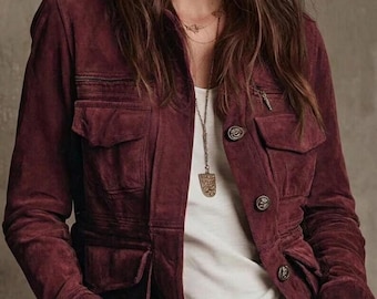 Jaqueta Safari de Camurça Borgonha de Luxo - Estilo Utilitário para Campo