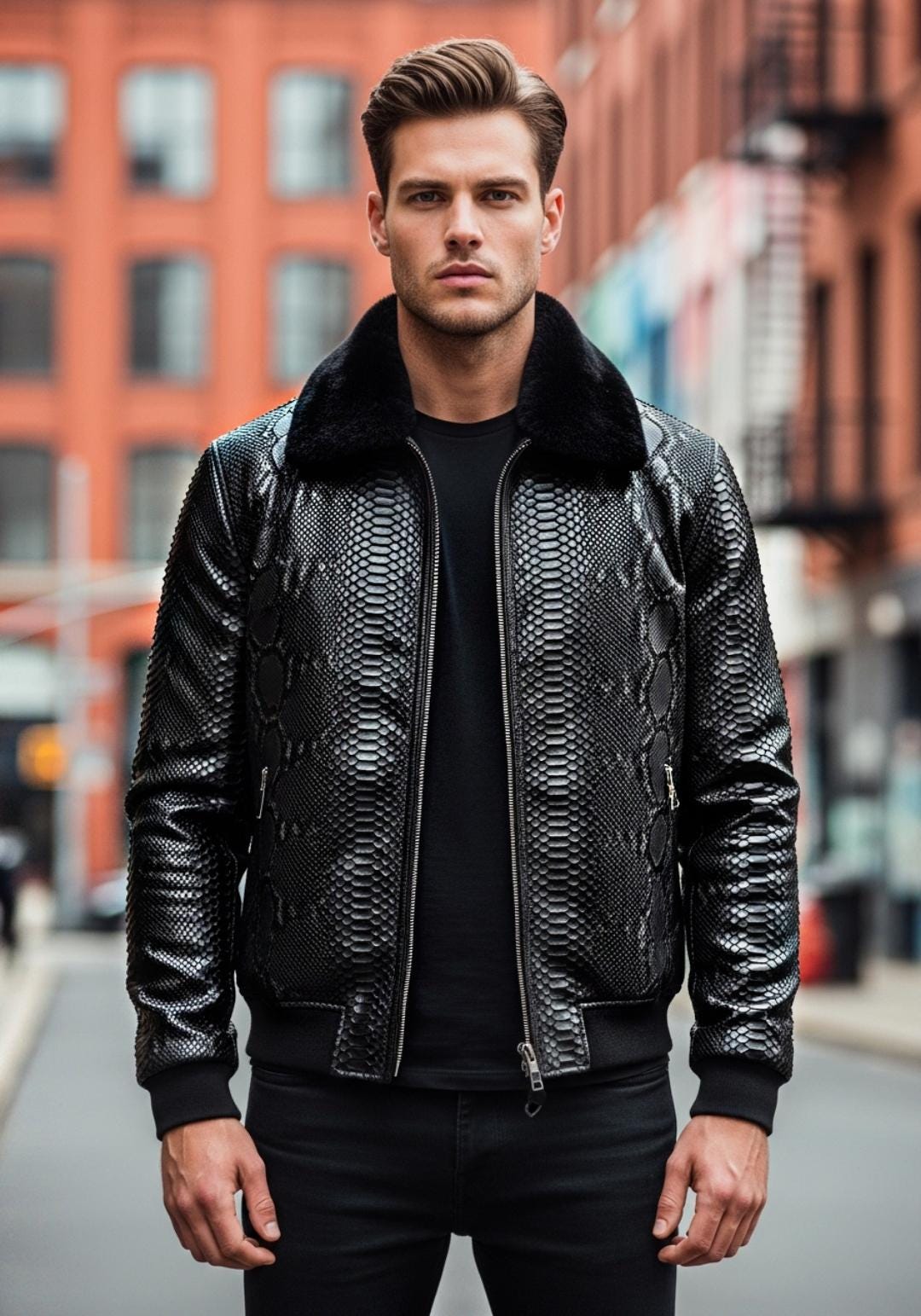 Veste Vintage Style Motard En Simili-cuir Imprimé Python Pour Homme - Taille 44, Cuir Effet Python, Longueur Mi-longue