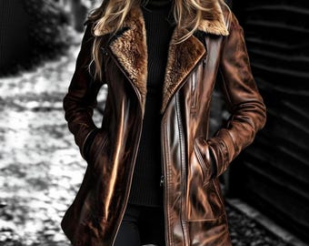 Trench coat feminino artesanal em couro legítimo, estilo vintage, marrom, para o inverno.