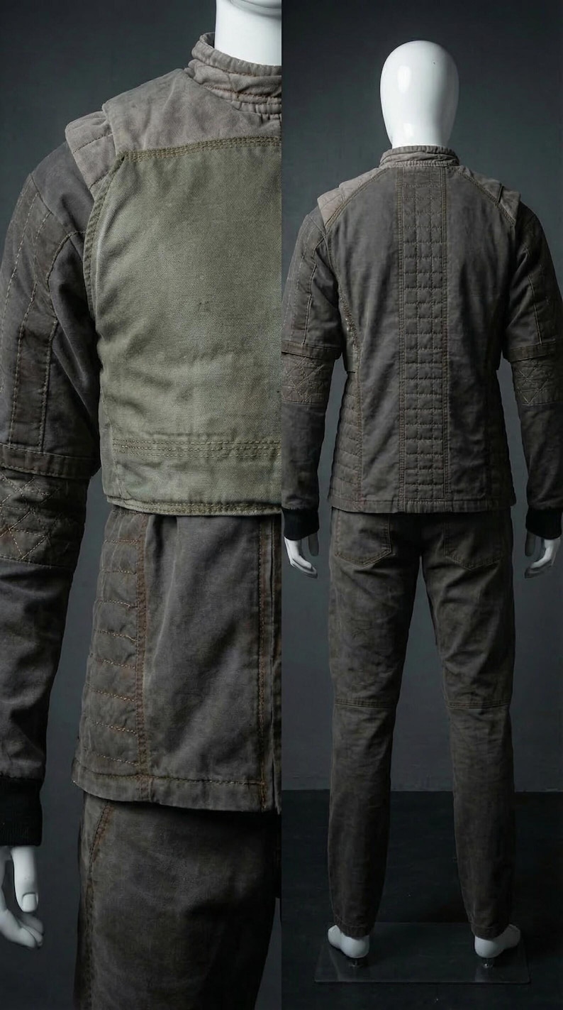 Puede incluir: Un conjunto de dos piezas de color verde oliva sobre un maniqu&iacute;. La chaqueta tiene un cuello alto y detalles acolchados, con un panel verde m&aacute;s claro en el pecho. Los pantalones son de color y estilo a juego. El conjunto tiene un dise&ntilde;o utilitario.
