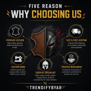 K&ouml;nnte beinhalten: Infografik mit dem Text "FIVE REASON WHY CHOOSING US" und Symbolen f&uuml;r Premium-Leder, Sonderanfertigungen, Cosplay-Spezialisten, schnellen & kostenlosen Versand und weltweites Vertrauen. Der Markenname "TRENDIFYBYAR" steht unten.