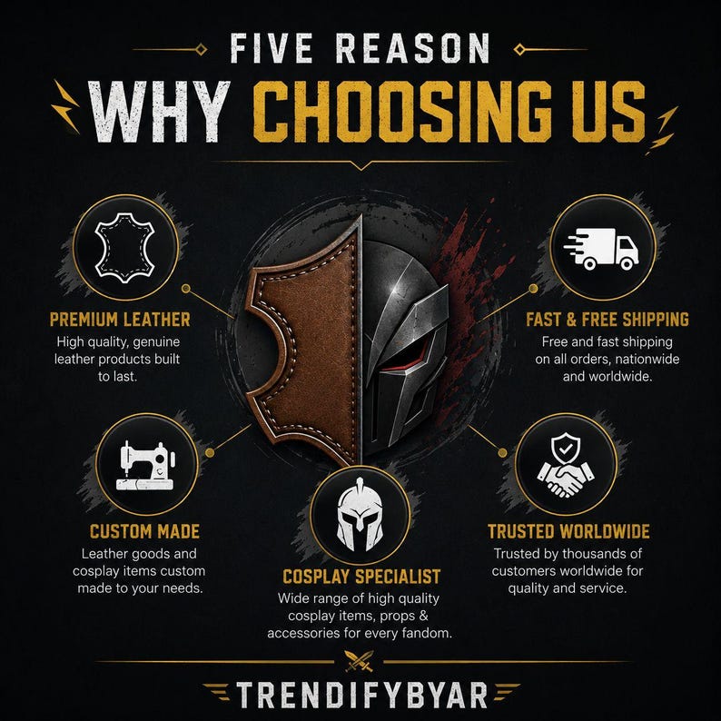 K&ouml;nnte beinhalten: Infografik mit dem Text "FIVE REASON WHY CHOOSING US" und Symbolen f&uuml;r Premium-Leder, Sonderanfertigungen, Cosplay-Spezialisten, schnellen & kostenlosen Versand und weltweites Vertrauen. Der Markenname "TRENDIFYBYAR" steht unten.