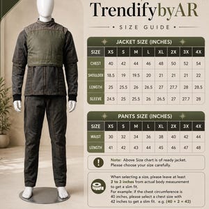 Puede incluir: Maniqu&iacute; con un disfraz de dos piezas con chaqueta y pantal&oacute;n. La chaqueta es verde oliva y marr&oacute;n con cuello alto y pecho acolchado. El pantal&oacute;n es marr&oacute;n. Se muestra una tabla de tallas con medidas en pulgadas.