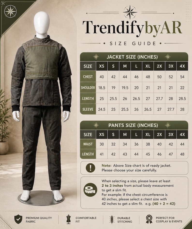Puede incluir: Maniqu&iacute; con un disfraz de dos piezas con chaqueta y pantal&oacute;n. La chaqueta es verde oliva y marr&oacute;n con cuello alto y pecho acolchado. El pantal&oacute;n es marr&oacute;n. Se muestra una tabla de tallas con medidas en pulgadas.