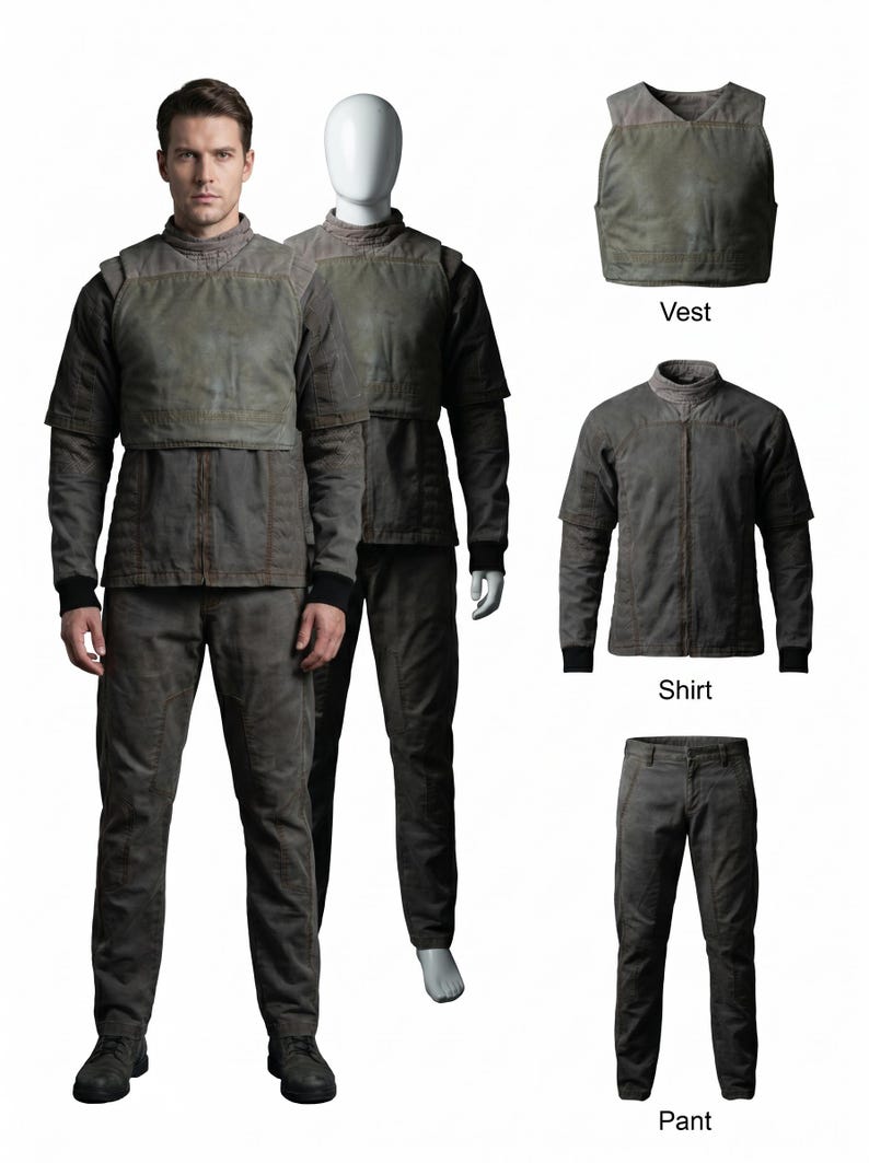 Puede incluir: Un conjunto gris de estilo militar, que incluye un chaleco, una camisa y un pantal&oacute;n. El conjunto se muestra en un maniqu&iacute; y una persona. El chaleco y la camisa tienen un dise&ntilde;o en capas. El pantal&oacute;n es de corte recto.