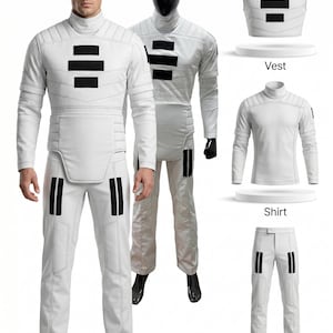 May include: White costume set with black accents, including a vest, shirt, and pants. The set is displayed on a mannequin and a person. The vest, shirt, and pants are shown separately. The costume has a futuristic design.