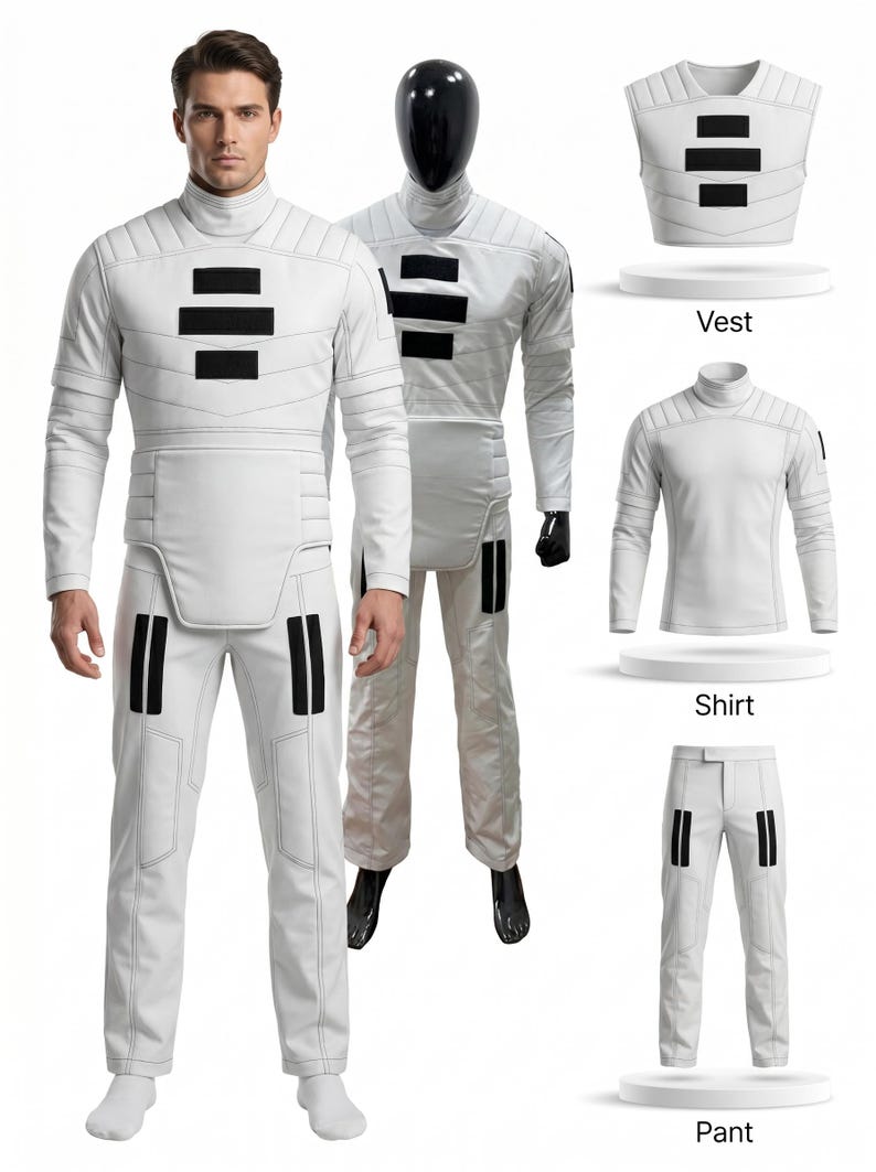 May include: White costume set with black accents, including a vest, shirt, and pants. The set is displayed on a mannequin and a person. The vest, shirt, and pants are shown separately. The costume has a futuristic design.