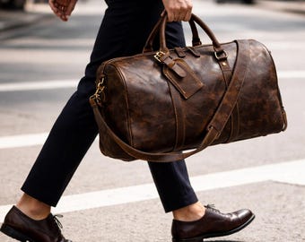 Mala de viagem masculina em couro legítimo marrom | Mala de viagem de fim de semana em couro legítimo de grão integral
