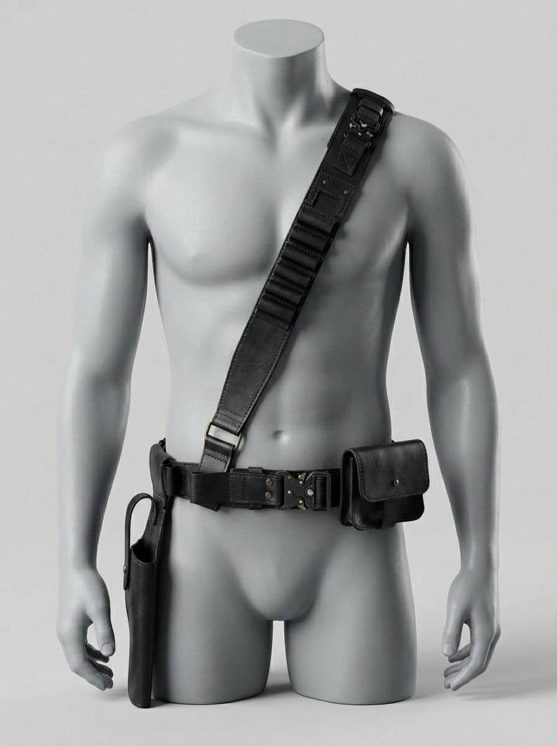 K&ouml;nnte beinhalten: Ein schwarzer Leder-Utility-G&uuml;rtel mit Schulterriemen, Holster und Taschen. Der G&uuml;rtel hat eine Metallschnalle und wird auf einer Schaufensterpuppe pr&auml;sentiert. Das Design deutet auf ein taktisches oder funktionales Zubeh&ouml;r hin.