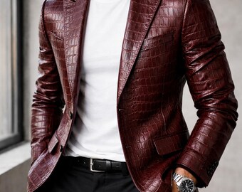 Handgefertigter Herren Burgunder Krokodil Prägeleder Blazer | Schlanke Passform