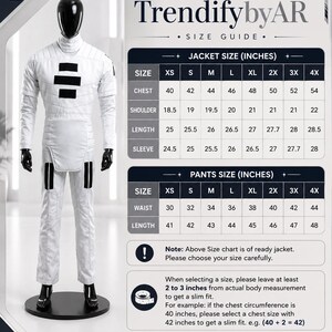 May include: White jumpsuit with black accents, displayed on a mannequin. The image includes a size guide with jacket and pants measurements in inches. The text "TrendifybyAR" is at the top.