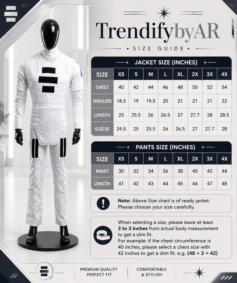 May include: White jumpsuit with black accents, displayed on a mannequin. The image includes a size guide with jacket and pants measurements in inches. The text "TrendifybyAR" is at the top.