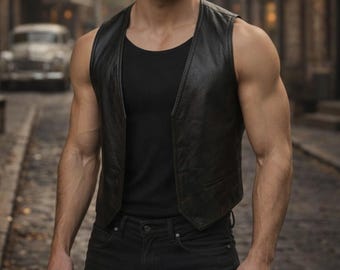 Conjunto masculino com colete de couro preto, estilo motociclista sem mangas, moda streetwear moderna, presente para ele.
