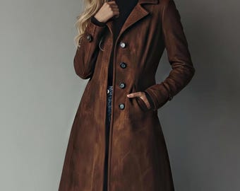Trench coat de camurça feito à mão – Casaco de couro marrom estilo vintage