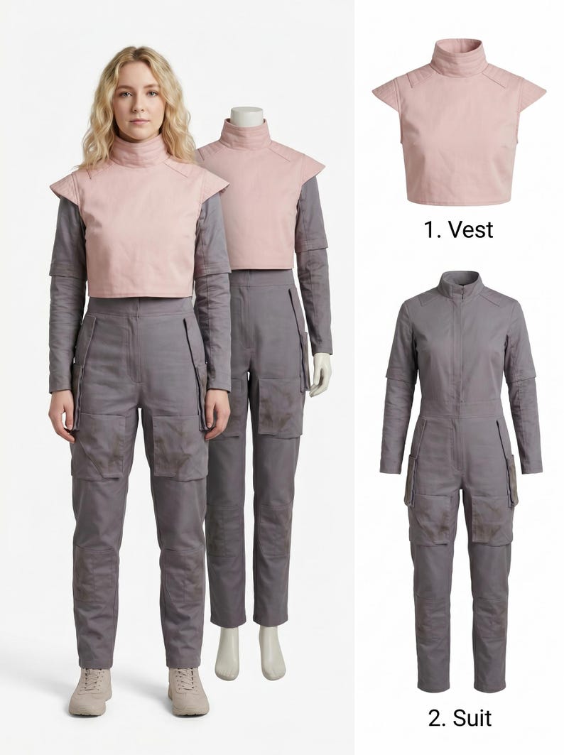 Op de afbeelding: Een vrouw en een mannequin dragen een tweedelige outfit en een jumpsuit. De tweedelige outfit bestaat uit een roze vest en een grijs shirt met lange mouwen en een broek. De jumpsuit is grijs met meerdere zakken. De outfit is waarschijnlijk een kostuum.
