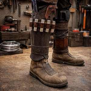 Puede incluir: Botas de cuero marr&oacute;n con cierre de cremallera y aspecto desgastado. Las botas forman parte de un disfraz, con detalles adicionales de cuero y metal en las piernas, incluido un cintur&oacute;n con cilindros plateados.
