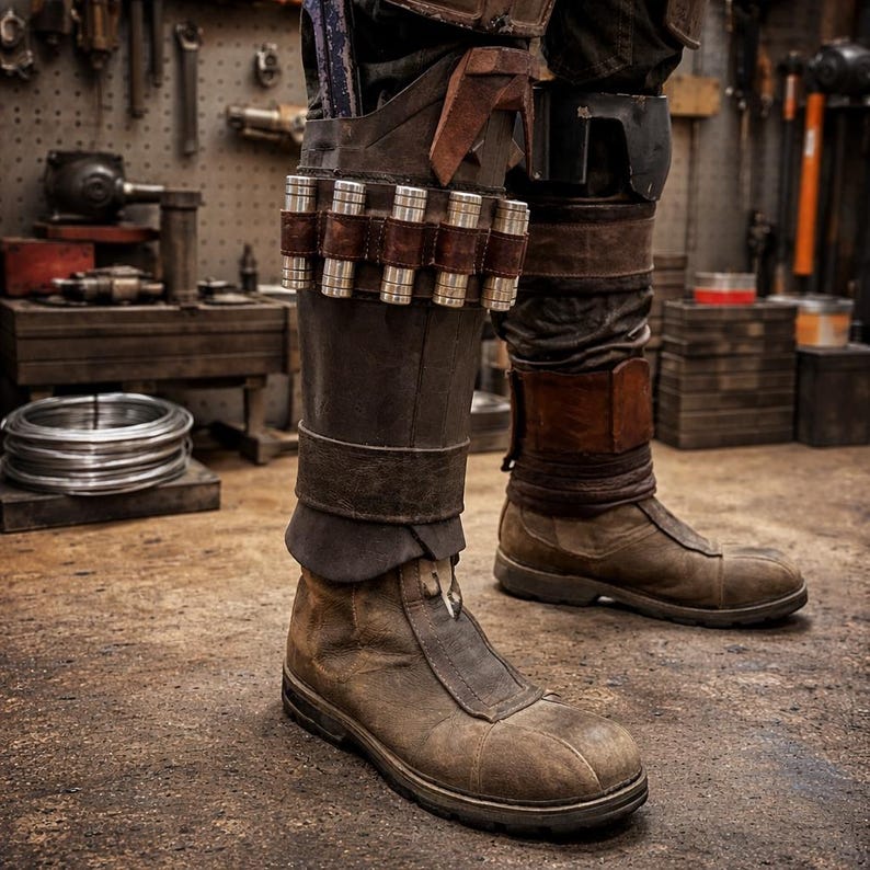 Puede incluir: Botas de cuero marr&oacute;n con cierre de cremallera y aspecto desgastado. Las botas forman parte de un disfraz, con detalles adicionales de cuero y metal en las piernas, incluido un cintur&oacute;n con cilindros plateados.