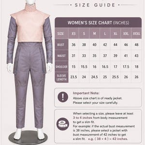 Op de afbeelding: Een mannequin draagt een tweedelige outfit met een roze top en grijze broek. De afbeelding bevat een maattabel in inches voor dameskleding, met borst-, taille-, schouder- en mouwlengtematen. De tekst "TrendifybyAR" staat bovenaan.