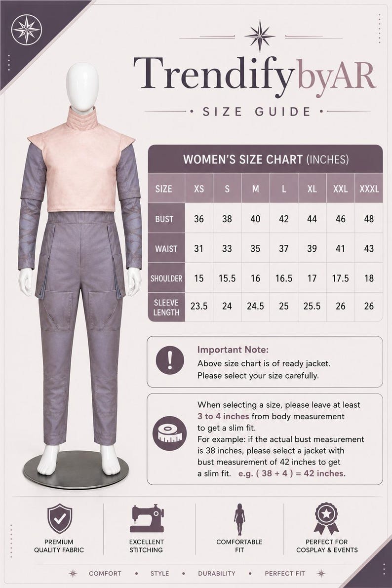Op de afbeelding: Een mannequin draagt een tweedelige outfit met een roze top en grijze broek. De afbeelding bevat een maattabel in inches voor dameskleding, met borst-, taille-, schouder- en mouwlengtematen. De tekst "TrendifybyAR" staat bovenaan.