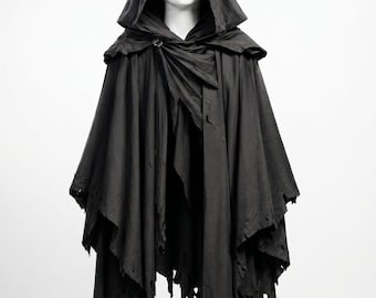 Black Hooded Wraith Cloak, Gothic Tattered Cape, Dark Fantasy Cosplay Cloak