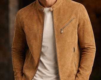 Jaqueta masculina de camurça bege, estilo café racer, feita à mão, couro vintage estilo western.