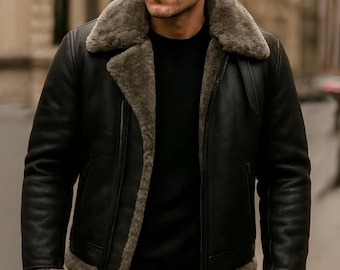 Ręcznie robiona męska kurtka z czarnej owczej skóry | Kurtka typu bomber B3 w stylu vintage, zimowa odzież wierzchnia