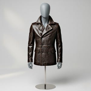 K&ouml;nnte beinhalten: Braune Lederjacke mit doppelreihiger Knopfleiste, Reverskragen und zwei Knopfreihen. Die Jacke hat zwei Vordertaschen und wird auf einer Schaufensterpuppe pr&auml;sentiert. Die Jacke ist ein klassischer Stil.