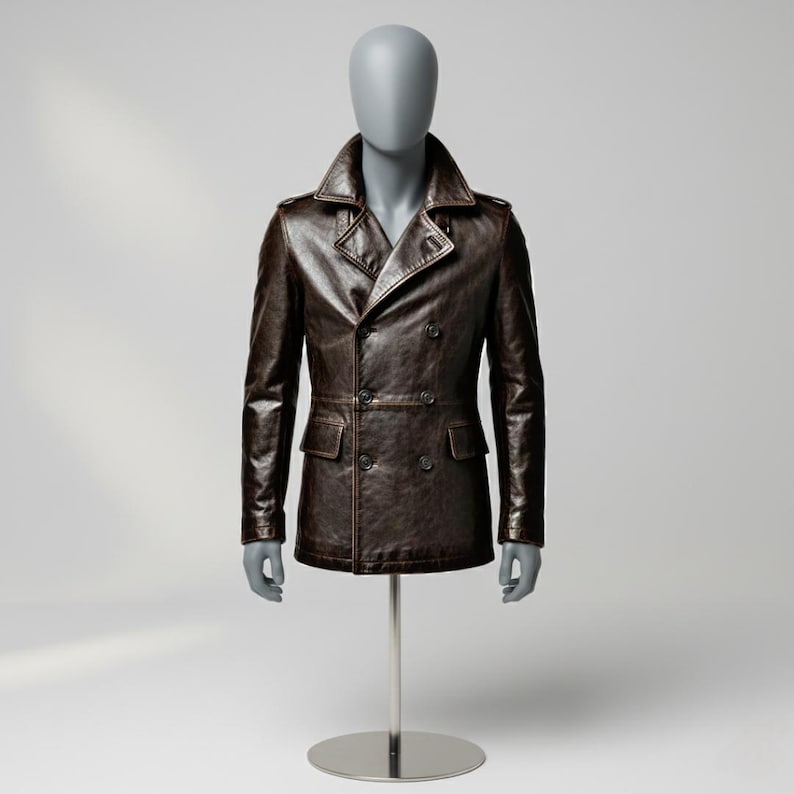 K&ouml;nnte beinhalten: Braune Lederjacke mit doppelreihiger Knopfleiste, Reverskragen und zwei Knopfreihen. Die Jacke hat zwei Vordertaschen und wird auf einer Schaufensterpuppe pr&auml;sentiert. Die Jacke ist ein klassischer Stil.