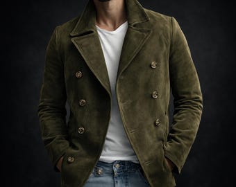 Casaco masculino de camurça verde-oliva, modelo trespassado, estilo clássico, feito à mão.