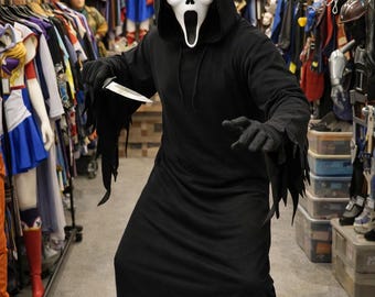 Disfraz de Ghostface para cosplay, atuendo de terror con máscara, túnica negra con capucha, disfraz aterrador de Halloween.