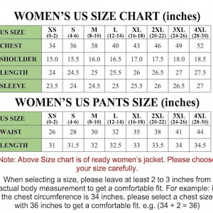 K&ouml;nnte beinhalten: Eine Gr&ouml;&szlig;entabelle f&uuml;r Jacken und Hosen mit zwei Tabellen, die US-Gr&ouml;&szlig;en von XS bis 4XL in Zoll anzeigen. Die Tabelle enth&auml;lt Ma&szlig;e f&uuml;r Brust, Schulter, L&auml;nge, &Auml;rmel und Taille. Am unteren Rand befindet sich ein Text zur Gr&ouml;&szlig;enauswahl.