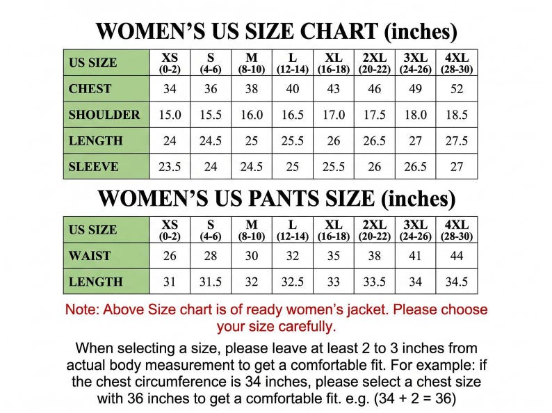 K&ouml;nnte beinhalten: Eine Gr&ouml;&szlig;entabelle f&uuml;r Jacken und Hosen mit zwei Tabellen, die US-Gr&ouml;&szlig;en von XS bis 4XL in Zoll anzeigen. Die Tabelle enth&auml;lt Ma&szlig;e f&uuml;r Brust, Schulter, L&auml;nge, &Auml;rmel und Taille. Am unteren Rand befindet sich ein Text zur Gr&ouml;&szlig;enauswahl.