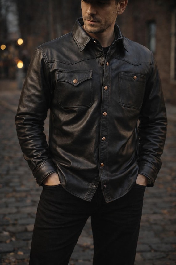 Men’s Black Genuine Leather Shirt, Handmade Button Down Jacket, Casual Biker Leather Overshirt.