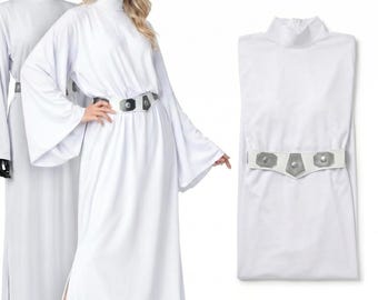 Princess Leia White Dress Costume, Regal Gown, Sci Fi Cosplay Outfit, Belt.