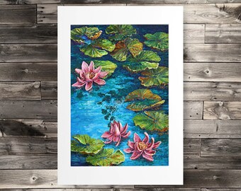 May include: A painting of pink water lilies with green lily pads on a blue background.
