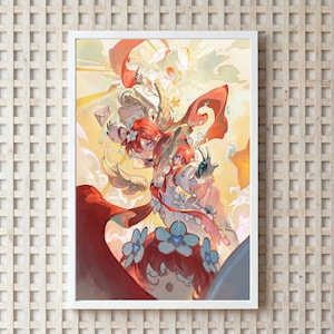 Könnte beinhalten: Ein gerahmter Kunstdruck mit einer Anime-Illustration. Das Kunstwerk zeigt zwei Figuren mit roten Haaren, die weiße und rote Outfits mit floralen Akzenten tragen. Der Hintergrund ist eine Mischung aus Gelb- und Orangetönen, mit etwas Weiß.