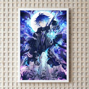 May include: A framed anime-style print featuring a character with blue hair and eyes, holding a glowing lantern. The artwork has a dark, fantasy theme with a full moon in the background and figures in the shadows. The color palette includes blues, purples, and whites.