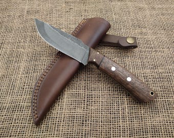 Handmade 1095 High Carbon Steel Hunting Knife – Acid Washed Blade, Walnut Handle