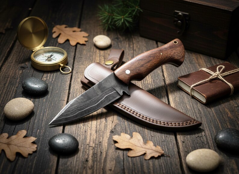 May include: A hunting knife with a dark wood handle and patterned blade sits in a brown leather sheath. A gold compass, a leather-bound journal, and decorative stones and leaves are arranged on a rustic wooden surface.