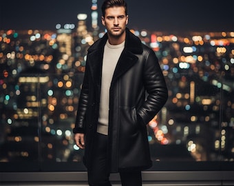 Men's Black Shearling Lambskin Leather Coat: Vintage 3/4 Length