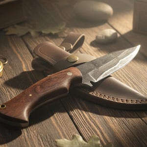 May include: A handcrafted hunting knife with a dark wooden handle and a sharp, textured blade. The knife rests in a brown leather sheath on a rustic wooden surface, alongside a compass and other outdoor accessories.