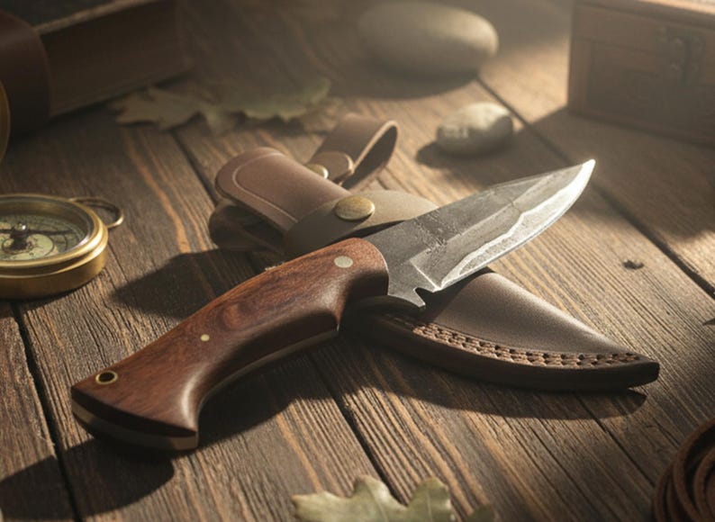 May include: A handcrafted hunting knife with a dark wooden handle and a sharp, textured blade. The knife rests in a brown leather sheath on a rustic wooden surface, alongside a compass and other outdoor accessories.