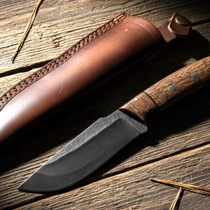 May include: A handcrafted hunting knife with a dark blade and wooden handle, resting beside a brown leather sheath. The knife features a full tang construction and is set against a rustic wooden background, showcasing its rugged design.