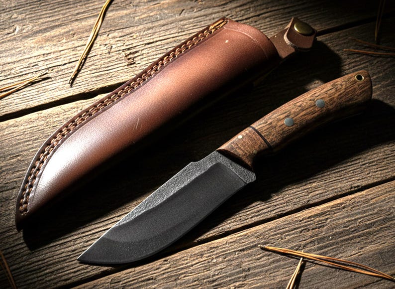 May include: A handcrafted hunting knife with a dark blade and wooden handle, resting beside a brown leather sheath. The knife features a full tang construction and is set against a rustic wooden background, showcasing its rugged design.